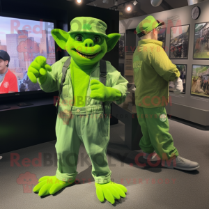 Lime Green Gargoyle mascot costume character dressed with a Mom Jeans and Berets