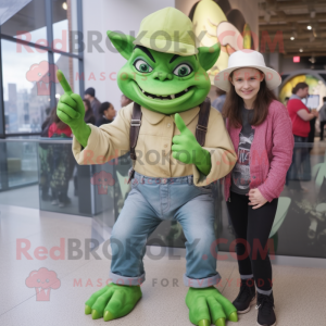 Lime Green Gargoyle mascot costume character dressed with a Mom Jeans and Berets