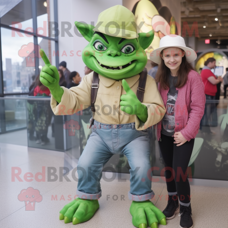 Lime Green Gargoyle mascot costume character dressed with a Mom Jeans and Berets Lime Green Gargoyle mascot costume character dressed with a Mom Jeans and Berets