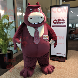 Maroon Hippopotamus mascot costume character dressed with a Jumpsuit and Pocket squares