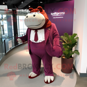 Maroon Hippopotamus mascot costume character dressed with a Jumpsuit and Pocket squares