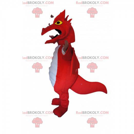 Mascota dragón rojo y blanco con ojos amarillos hechizantes -
