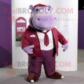 Maroon Hippopotamus mascot costume character dressed with a Jumpsuit and Pocket squares