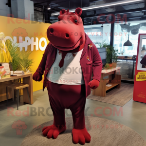 Maroon Hippopotamus mascot costume character dressed with a Jumpsuit and Pocket squares