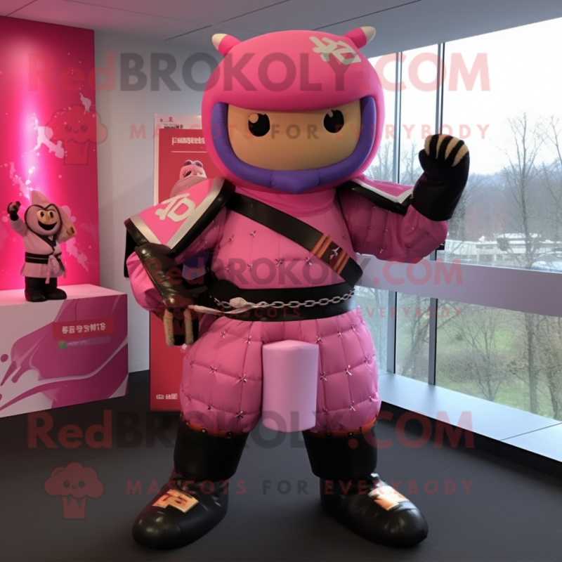 Pink Samurai mascot costume character dressed with a Leather Jacket and Mittens Pink Samurai mascot costume character dressed with a Leather Jacket and Mittens