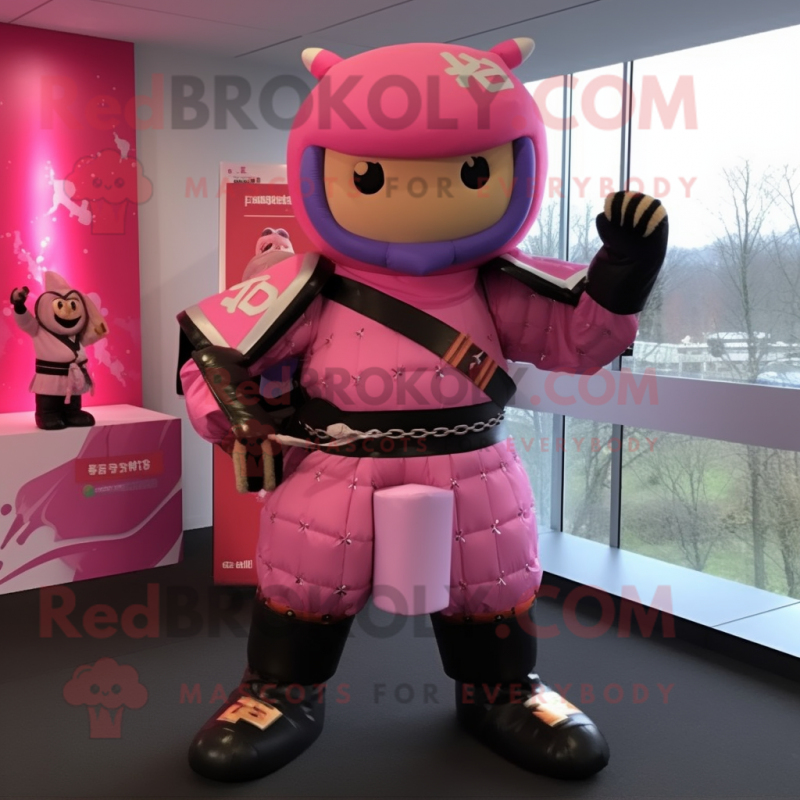 Pink Samurai mascot costume character dressed with a Leather Jacket and Mittens