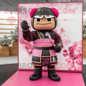 Pink Samurai mascot costume character dressed with a Leather Jacket and Mittens