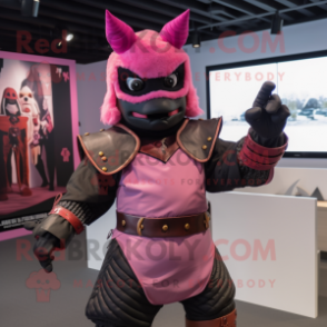 Pink Samurai mascot costume character dressed with a Leather Jacket and Mittens