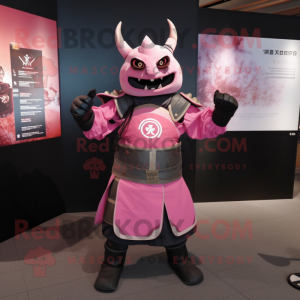 Pink Samurai mascot costume character dressed with a Leather Jacket and Mittens