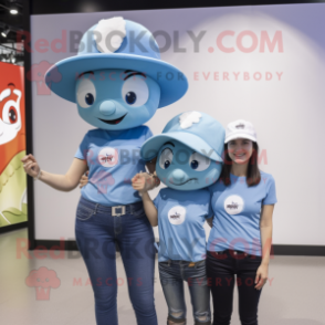 Sky Blue Alliance mascot costume character dressed with a Mom Jeans and Hats