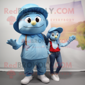 Sky Blue Alliance mascot costume character dressed with a Mom Jeans and Hats