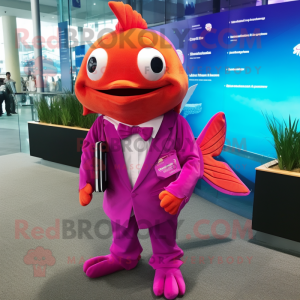 Magenta Goldfish mascot costume character dressed with a Poplin Shirt and Lapel pins