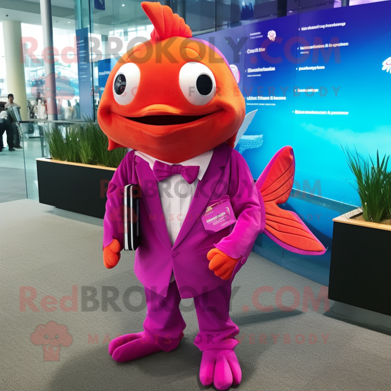 Magenta Goldfish mascot costume character dressed with a Poplin Shirt and Lapel pins Magenta Goldfish mascot costume character dressed with a Poplin Shirt and Lapel pins