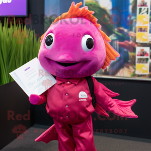 Magenta Goldfish mascot costume character dressed with a Poplin Shirt and Lapel pins