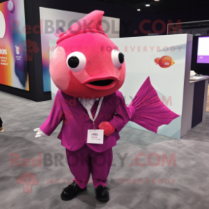 Magenta Goldfish mascot costume character dressed with a Poplin Shirt and Lapel pins