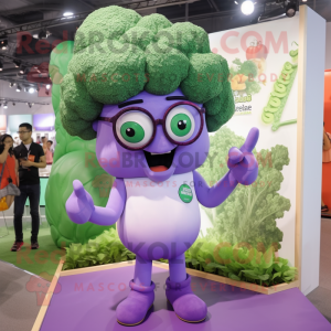 Lavender Broccoli mascot costume character dressed with a Tank Top and Eyeglasses