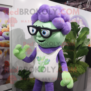 Lavender Broccoli mascot costume character dressed with a Tank Top and Eyeglasses