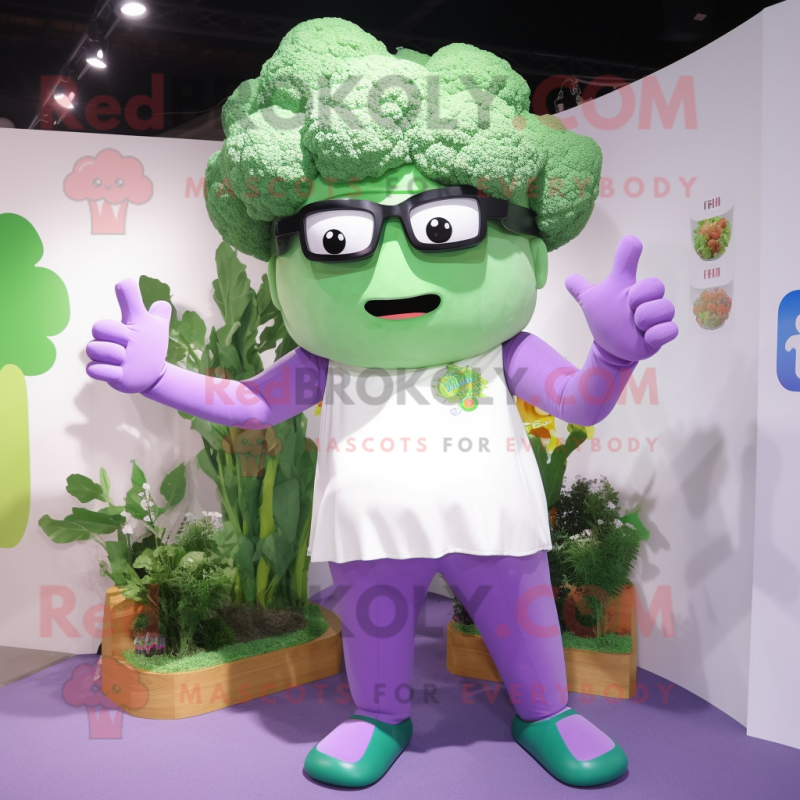 Lavender Broccoli mascot costume character dressed with a Tank Top and Eyeglasses