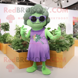 Lavender Broccoli mascot costume character dressed with a Tank Top and Eyeglasses