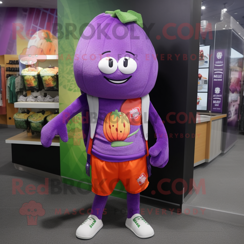 Purple Melon mascot costume character dressed with a Shorts and Scarves Purple Melon mascot costume character dressed with a Shorts and Scarves