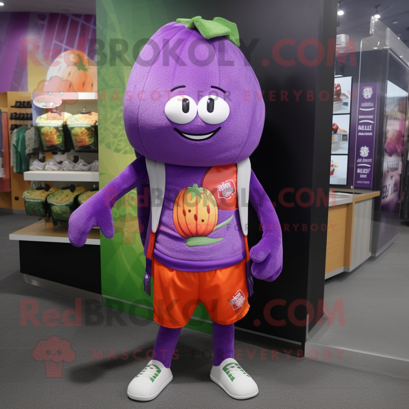 Purple Melon mascot costume character dressed with a Shorts and Scarves