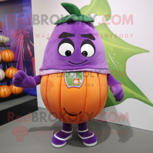 Purple Melon mascot costume character dressed with a Shorts and Scarves