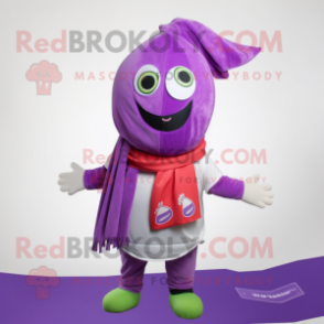 Purple Melon mascot costume character dressed with a Shorts and Scarves