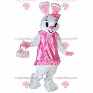 Biały królik maskotka w bardzo uroczej i zalotnej różowej