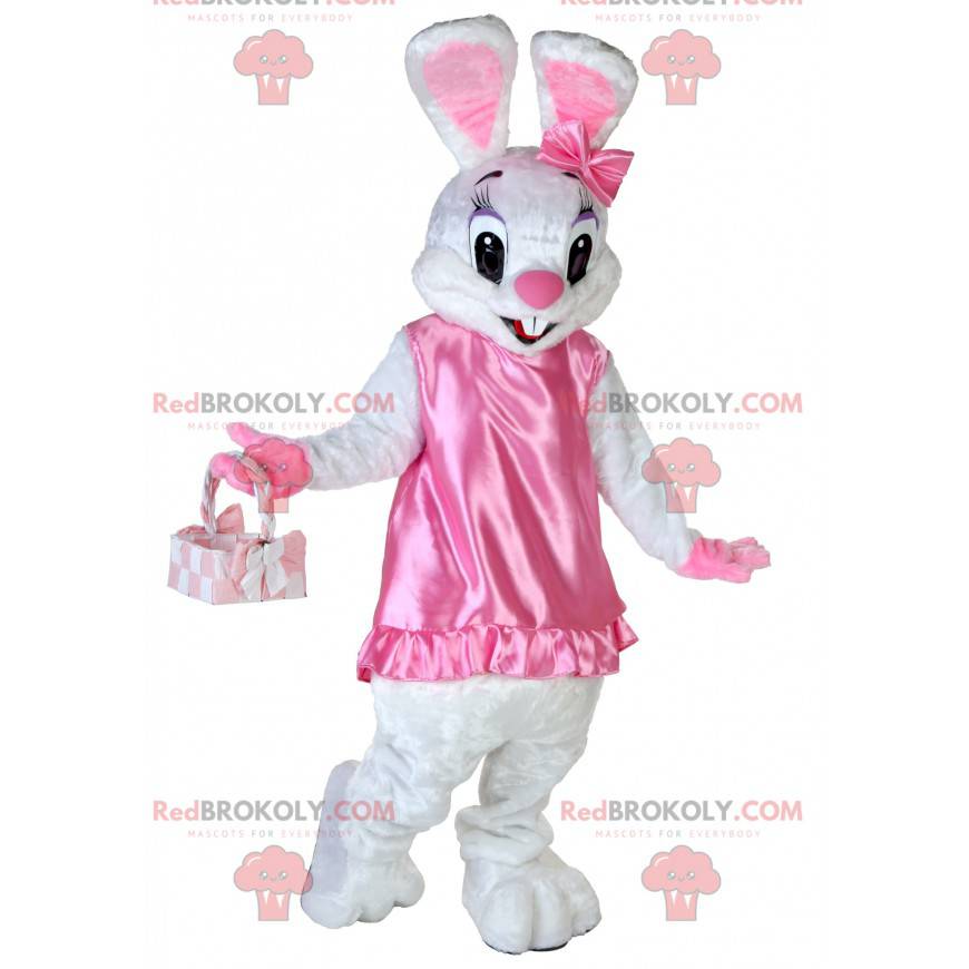 Mascotte de lapin blanc en robe rose très mignonne et coquette