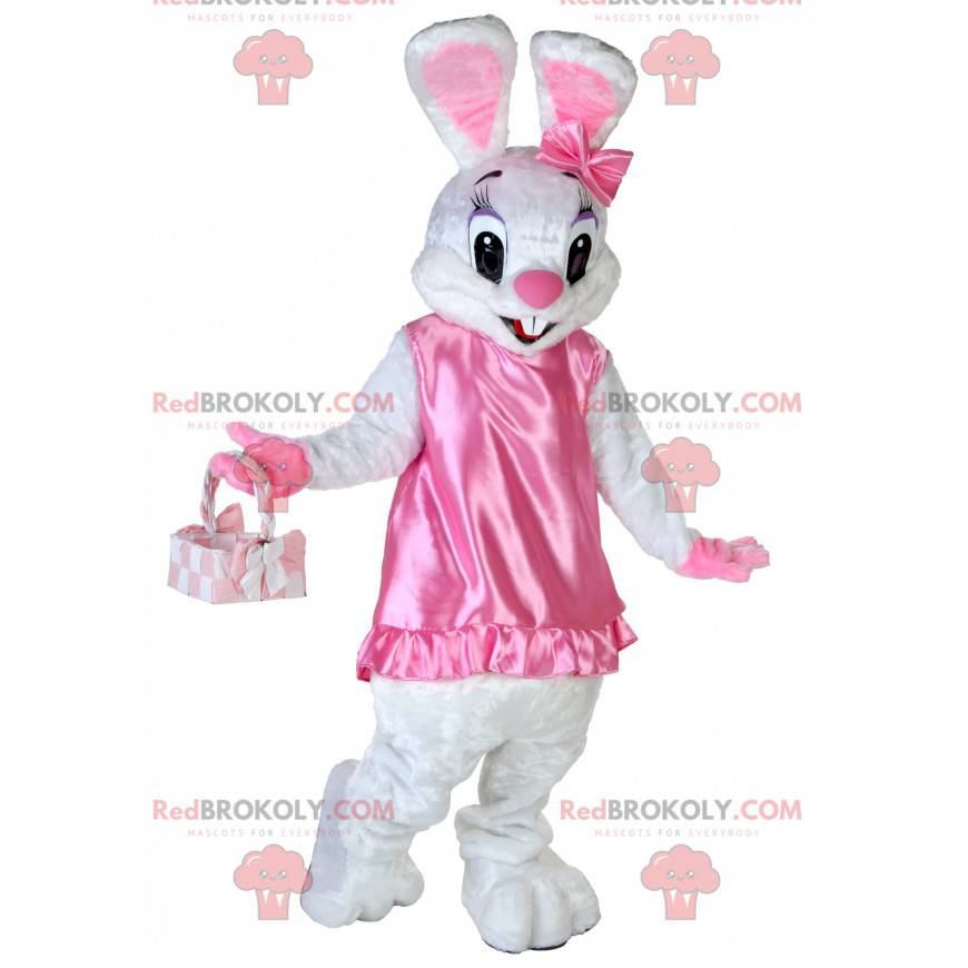 White rabbit mascot in very cute and flirtatious pink dress -