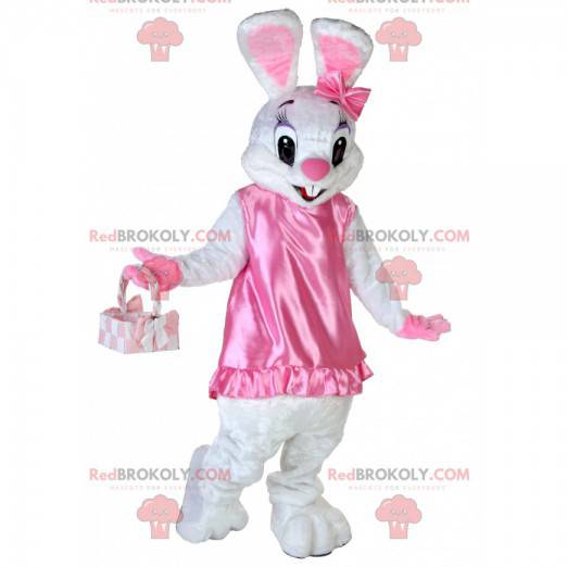 Hvit kaninmaskot i veldig søt og flørtende rosa kjole -