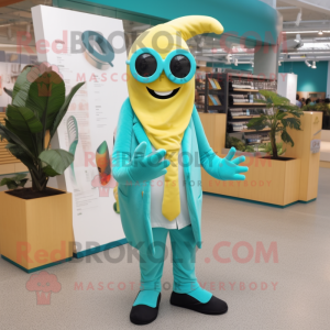 Turquoise Banana mascot costume character dressed with a Waistcoat and Eyeglasses