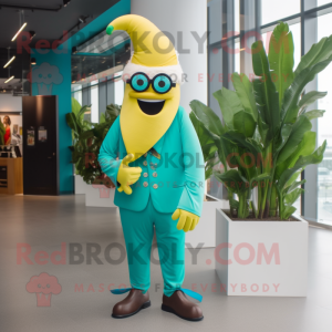 Turquoise Banana mascot costume character dressed with a Waistcoat and Eyeglasses
