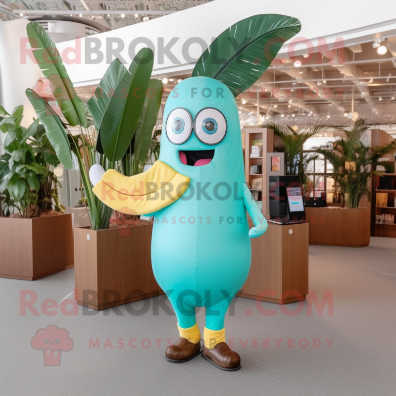 Turquoise Banana mascot costume character dressed with a Waistcoat and Eyeglasses