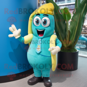 Turquoise Banana mascot costume character dressed with a Waistcoat and Eyeglasses