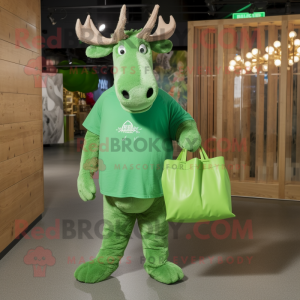 Lime Green Irish Elk mascot costume character dressed with a Boyfriend Jeans and Tote bags