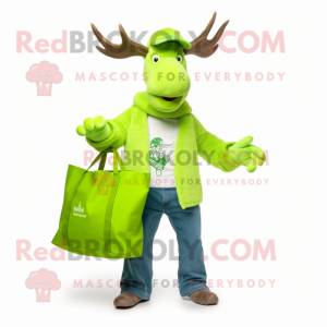 Lime Green Irish Elk mascot costume character dressed with a Boyfriend Jeans and Tote bags