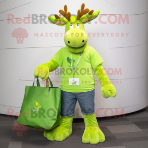 Lime Green Irish Elk mascot costume character dressed with a Boyfriend Jeans and Tote bags