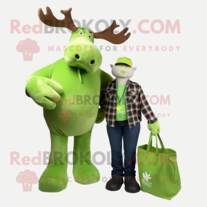 Lime Green Irish Elk mascot costume character dressed with a Boyfriend Jeans and Tote bags