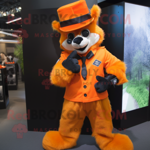 Orange Skunk mascot costume character dressed with a Suit and Berets