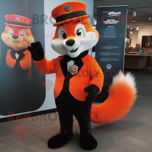 Orange Skunk mascot costume character dressed with a Suit and Berets