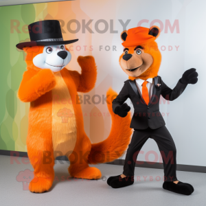 Orange Skunk mascot costume character dressed with a Suit and Berets
