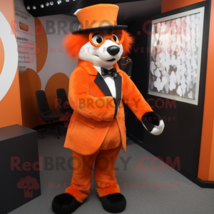 Orange Skunk mascot costume character dressed with a Suit and Berets