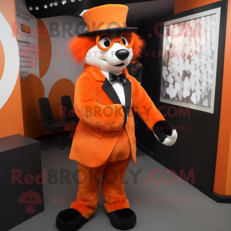 Orange Skunk mascot costume character dressed with a Suit and Berets Orange Skunk mascot costume character dressed with a Suit and Berets