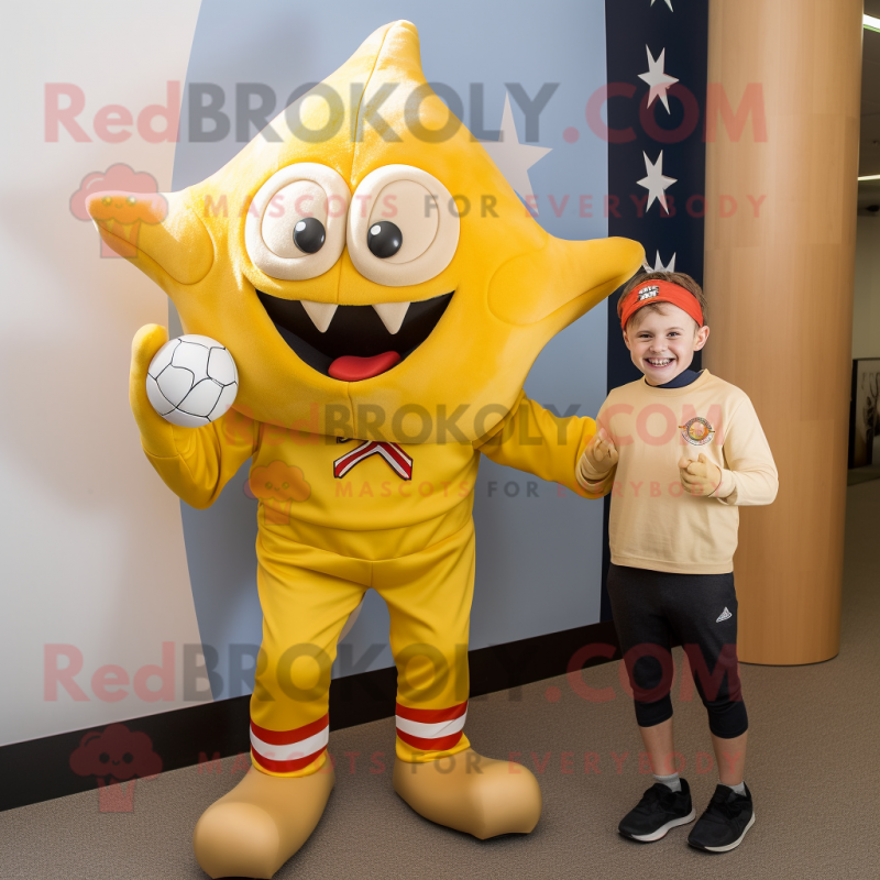 Gold Starfish mascot costume character dressed with a Rugby Shirt and Ties Gold Starfish mascot costume character dressed with a Rugby Shirt and Ties
