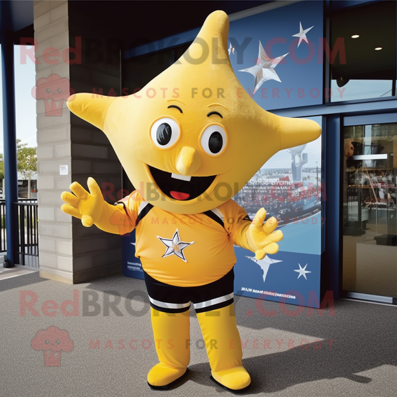 Gold Starfish mascot costume character dressed with a Rugby Shirt and Ties