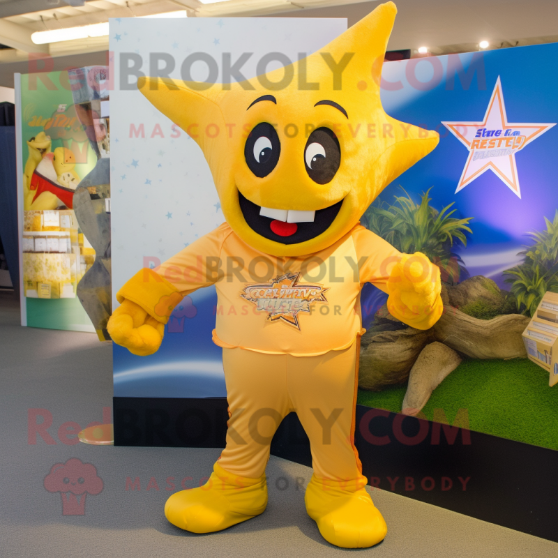 Gold Starfish mascot costume character dressed with a Rugby Shirt and Ties Gold Starfish mascot costume character dressed with a Rugby Shirt and Ties