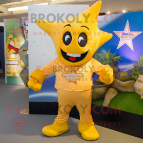 Gold Starfish mascot costume character dressed with a Rugby Shirt and Ties