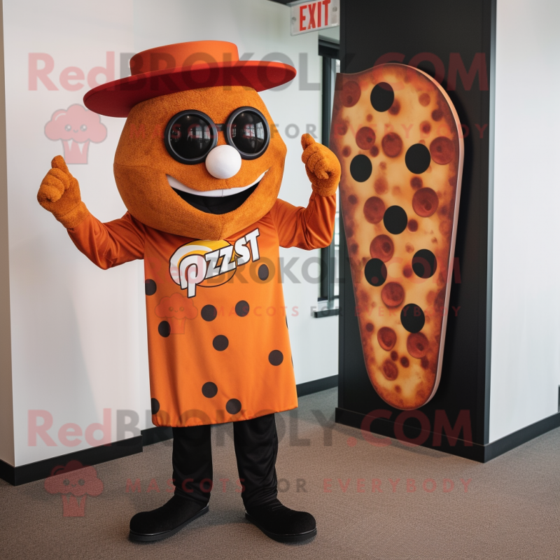 Rust Pizza mascot costume character dressed with a Graphic Tee and Cufflinks Rust Pizza mascot costume character dressed with a Graphic Tee and Cufflinks