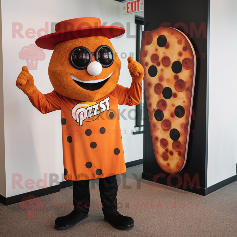 Rust Pizza mascot costume character dressed with a Graphic Tee and Cufflinks